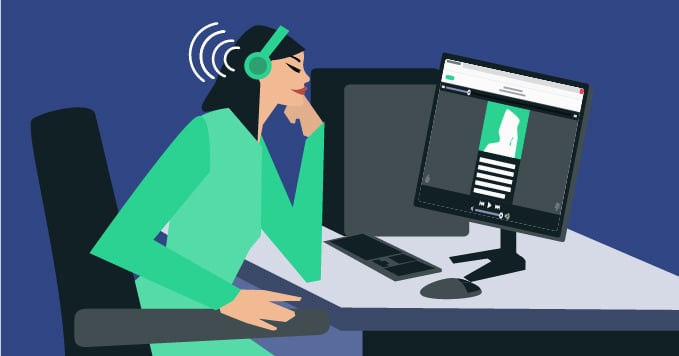 Illustration shows a women with headin a computer