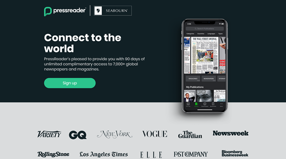 A PressReader and Seabourn co-branded landing page