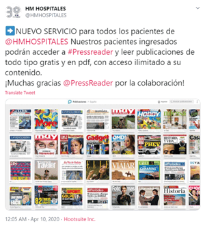 A tweet from HM Hospitales explaining the benefits of PressReader at their hospitals. 